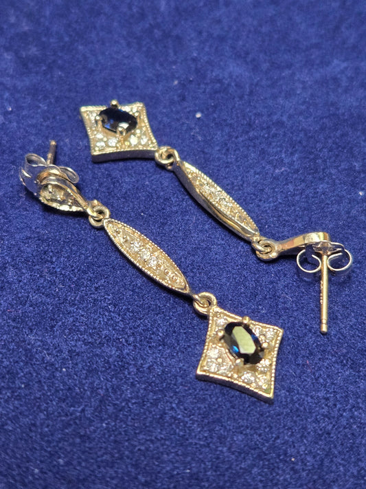 14K Gold Dangle/Drop Earrings 0.7ct Oval-Cut Blue Sapphire Push Back 3.4g