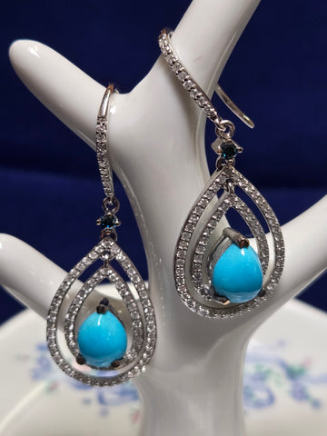 14K White Gold Drop Sleeping Beauty Turquoise & Diamond Earrings 5.8g