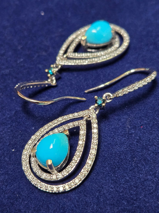 14K White Gold Drop Sleeping Beauty Turquoise & Diamond Earrings 5.8g