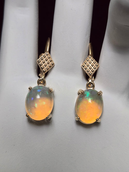 14K Gold Dangle/Drop Earrings 4.3ct Oval-Cut Opal Lever Back 2.8g