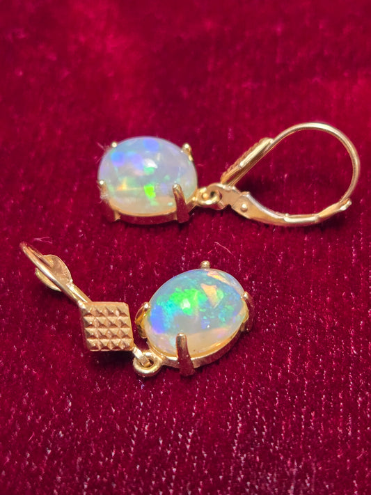 14K Gold Dangle/Drop Earrings 4.3ct Oval-Cut Opal Lever Back 2.8g