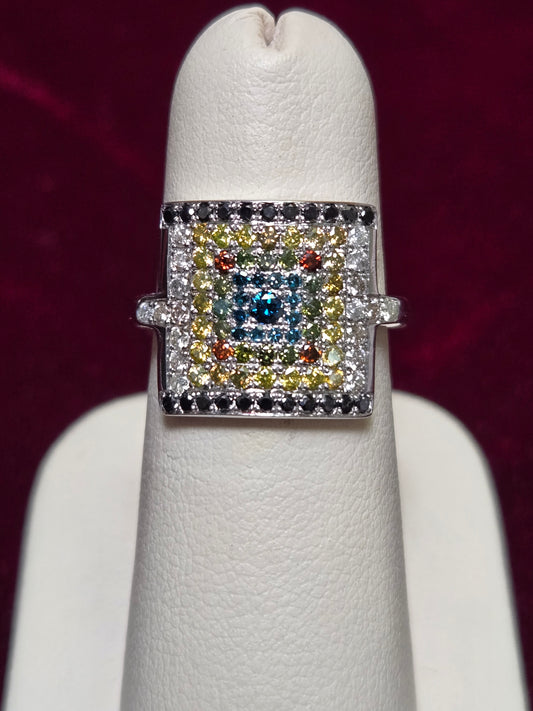 14K White Gold Ring 1.3ct Round-Cut Treated Multicolor Diamond 5.5g