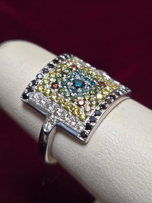 14K White Gold Ring 1.3ct Round-Cut Treated Multicolor Diamond 5.5g