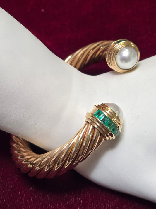 14K Gold Bangle Bracelet 1.8ct Emerald-Cut Emeralds 37.6g