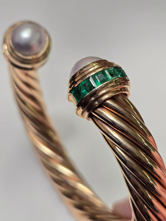 14K Gold Bangle Bracelet 1.8ct Emerald-Cut Emeralds 37.6g