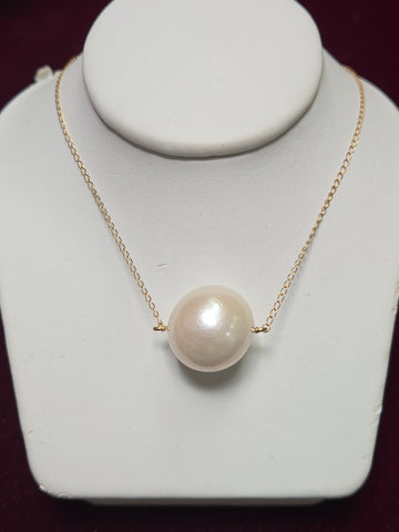14K Gold Curb Chain Necklace 16" Round Pearl 4g
