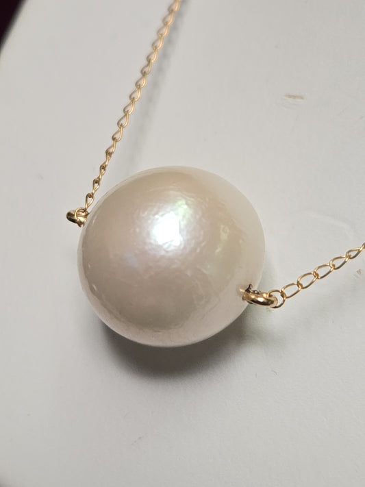 14K Gold Curb Chain Necklace 16" Round Pearl 4g