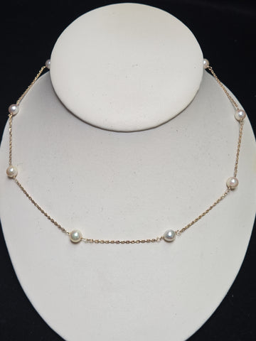 14K Gold Cable Chain Station Necklace 18" Round Pearls 6.5g