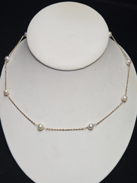 14K Gold Cable Chain Station Necklace 18" Round Pearls 6.5g