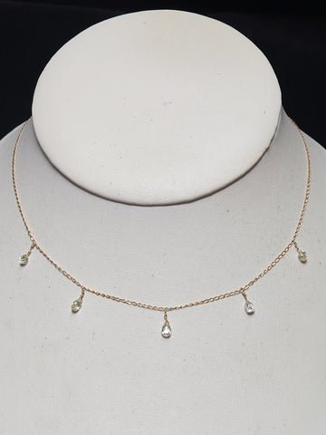 14K Gold Curb Chain Station Necklace 18" 1.35ct Briolette Diamonds 1g