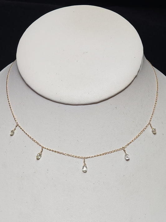 14K Gold Curb Chain Station Necklace 18" 1.35ct Briolette Diamonds 1g