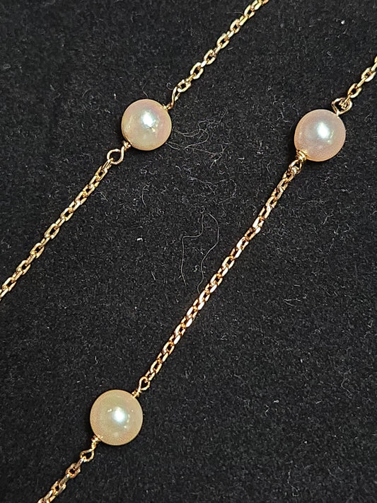 14K Gold Cable Chain Station Necklace 18" Round Pearls 6.5g