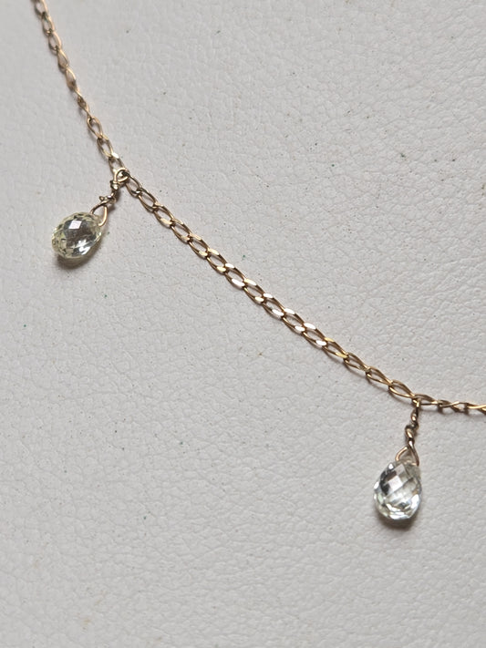 14K Gold Curb Chain Station Necklace 18" 1.35ct Briolette Diamonds 1g