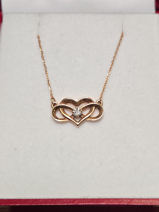 14K Rose Gold Diamond Cut Cable Chain Heart Pendant Necklace 0.09ct Diamond 2.9g