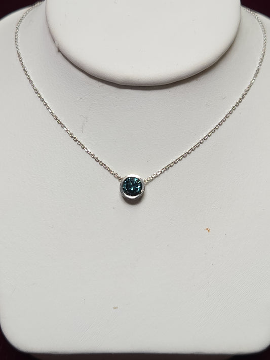 14K White Gold Diamond Cut Cable Chain Pendant Necklace Treated blue Diamond
