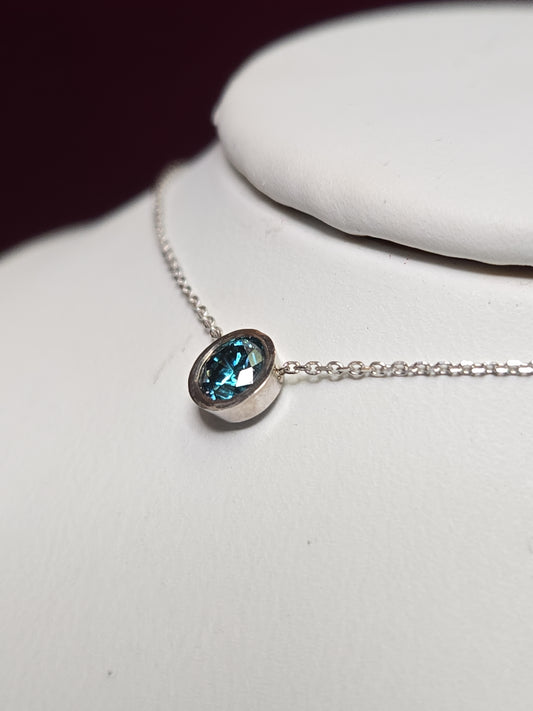14K White Gold Diamond Cut Cable Chain Pendant Necklace Treated blue Diamond