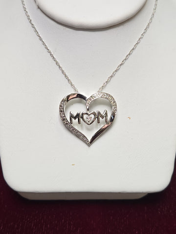10K White Gold Baby Rope Chain Mom Pendant Necklace 0.05ct Round Diamonds 1.6g