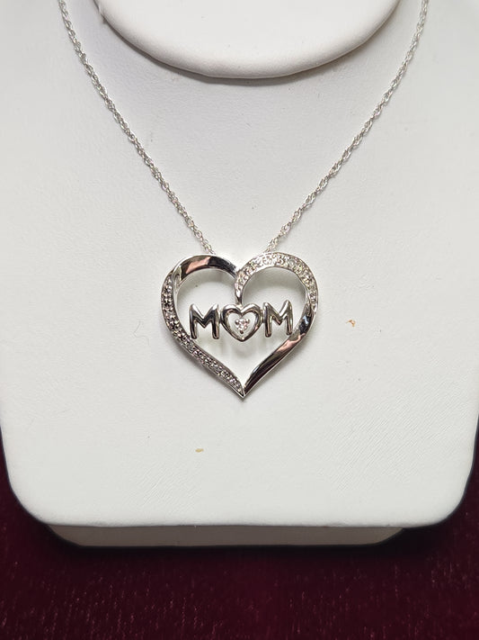 10K White Gold Baby Rope Chain Mom Pendant Necklace 0.05ct Round Diamonds 1.6g