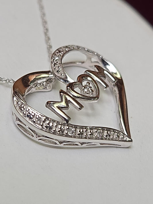 10K White Gold Baby Rope Chain Mom Pendant Necklace 0.05ct Round Diamonds 1.6g