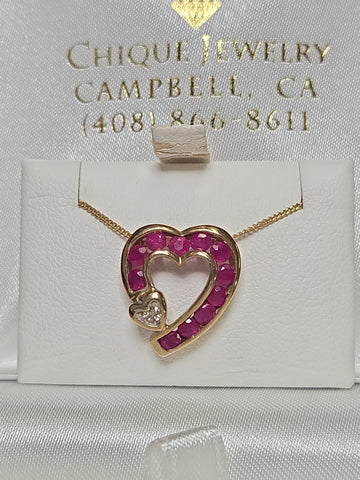 10K Gold Heart Pendant 1ct Round Rubies 2.1g
