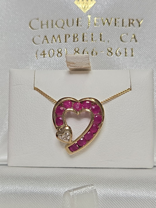 10K Gold Heart Pendant 1ct Round Rubies 2.1g