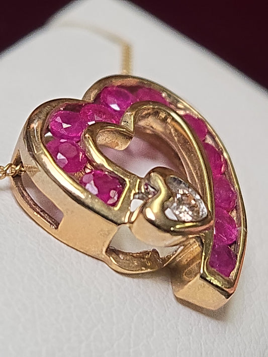10K Gold Heart Pendant 1ct Round Rubies 2.1g