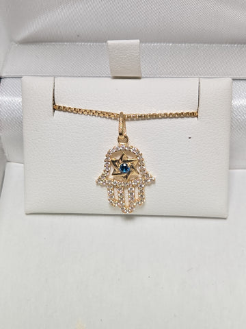 10K Gold Hamsa Hand Pendant Round Blue Cubic Zirconia 0.7g