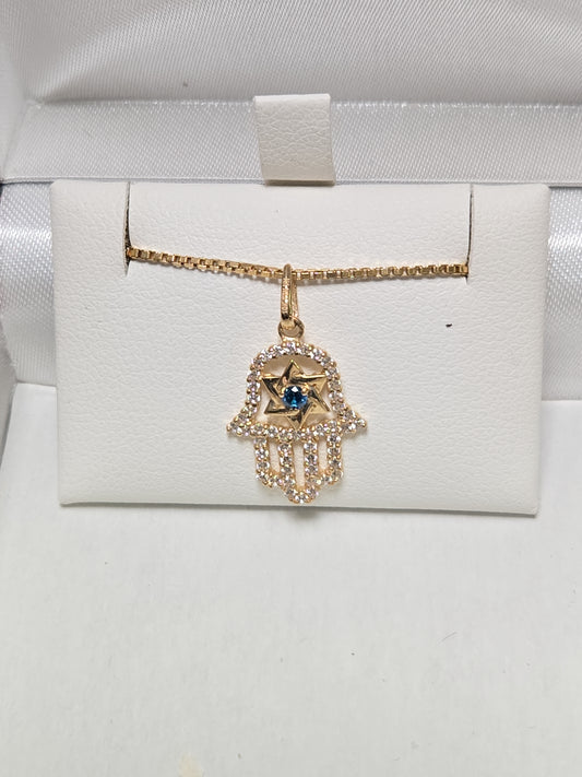 10K Gold Hamsa Hand Pendant Round Blue Cubic Zirconia 0.7g