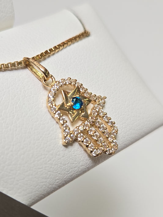 10K Gold Hamsa Hand Pendant Round Blue Cubic Zirconia 0.7g