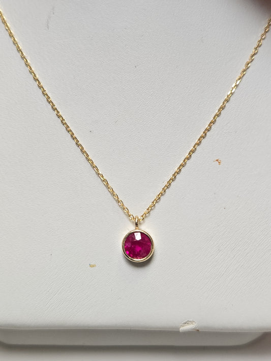 14K Gold Diamond Cut Cable Chain Pendant Necklace 16" 0.3ct Round Ruby 0.9g