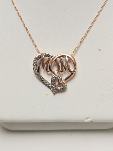10K Rose Gold Baby Rope Chain Mom Pendant Necklace 19" 0.02ct Round Diamond 1.5g