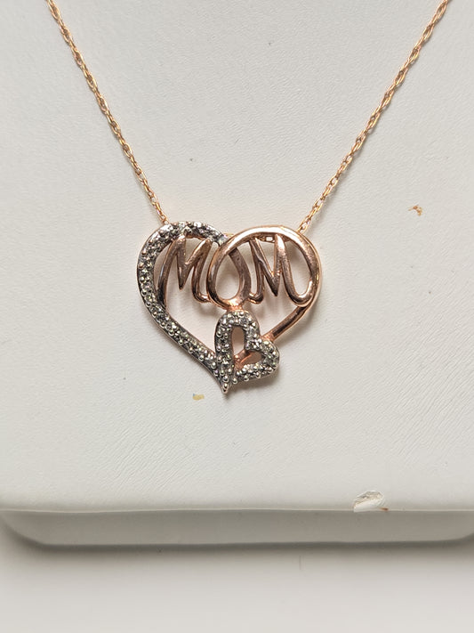 10K Rose Gold Baby Rope Chain Mom Pendant Necklace 19" 0.02ct Round Diamond 1.5g