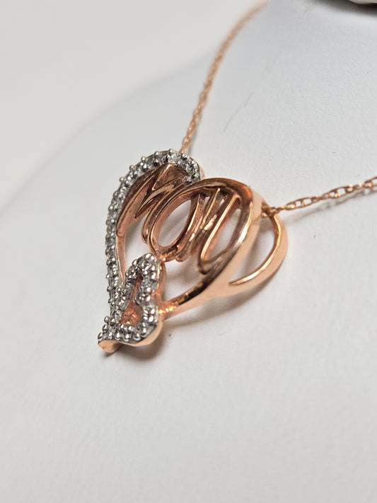 10K Rose Gold Baby Rope Chain Mom Pendant Necklace 19" 0.02ct Round Diamond 1.5g