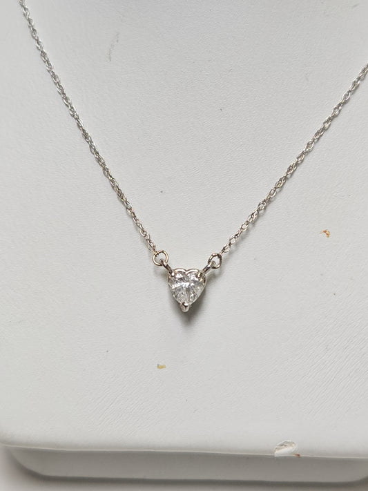14K White Gold Baby Rope Chain Pendant Necklace 0.23ct Heart-Shaped Diamond 0.6g