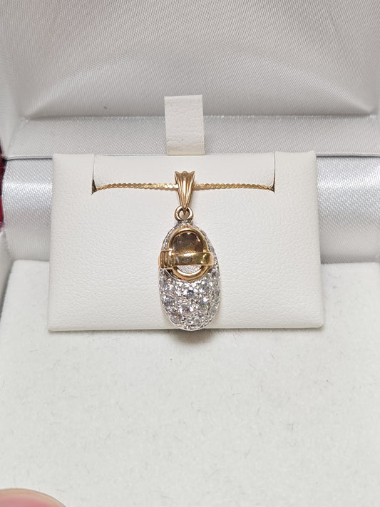 14K Gold Shoe Pendant Round Cubic Zirconias 2.2g