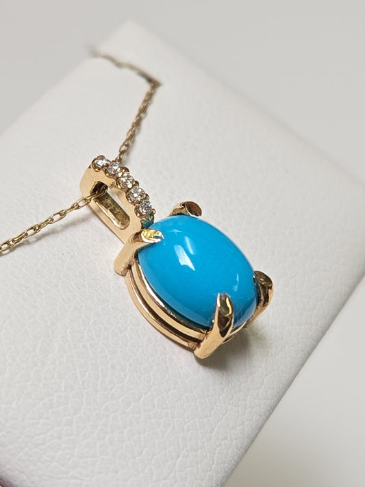 14K Gold Pendant 1.5ct Oval Sleeping Beauty Turquoise 1.2g