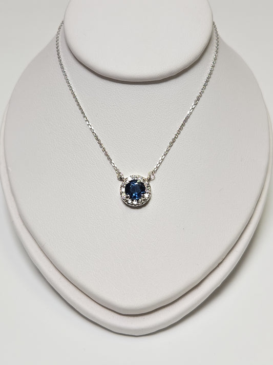14K White Gold Diamond Cut Cable Chain Pendant Necklace 0.7ct blue Sapphire 2g