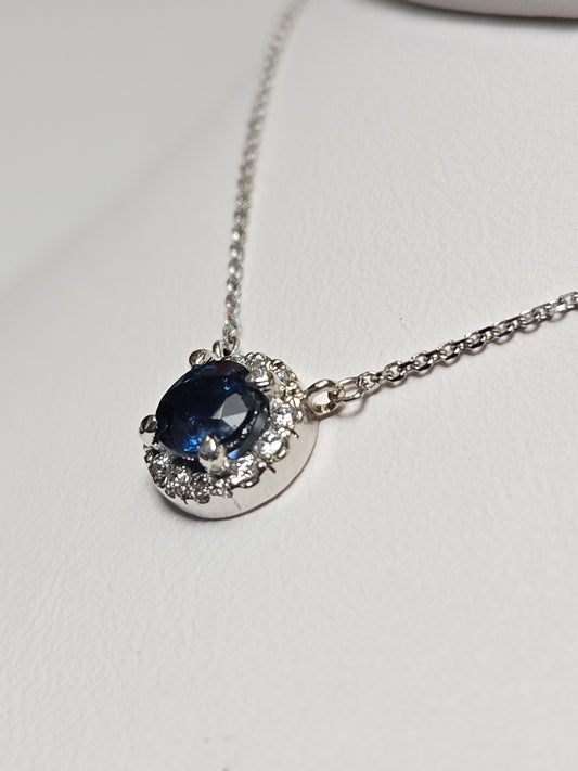 14K White Gold Diamond Cut Cable Chain Pendant Necklace 0.7ct blue Sapphire 2g