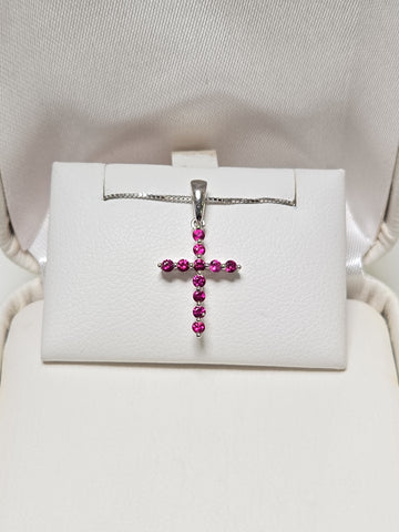 18K White Gold Cross Pendant 0.25ct Round Rubies 0.7g