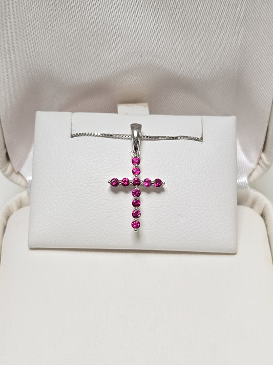 18K White Gold Cross Pendant 0.25ct Round Rubies 0.7g