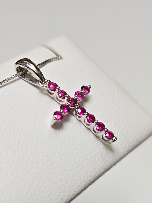 18K White Gold Cross Pendant 0.25ct Round Rubies 0.7g