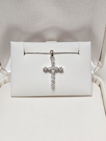14K White Gold Cross Pendant 0.25ct Round Lab-Created Diamonds 0.6g