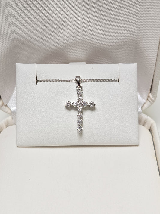 14K White Gold Cross Pendant 0.25ct Round Lab-Created Diamonds 0.6g