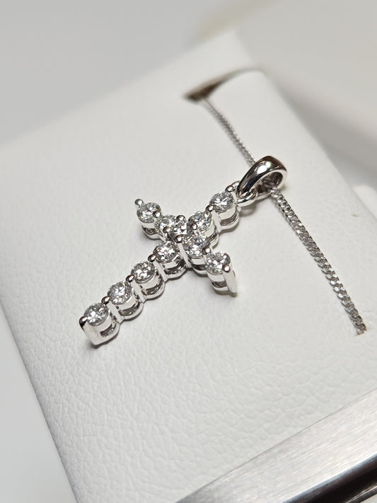 14K White Gold Cross Pendant 0.25ct Round Lab-Created Diamonds 0.6g