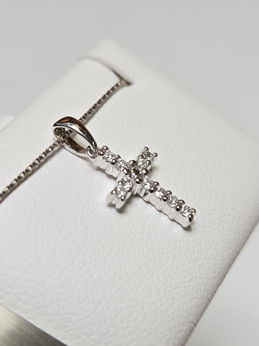 14K White Gold Cross Pendant 0.15ct Round Lab-Created Diamonds 0.6g