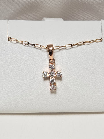 14K Rose Gold Cross Pendant 0.12ct Round Lab-Created Diamonds 0.3g