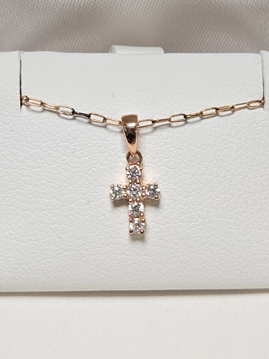 14K Rose Gold Cross Pendant 0.12ct Round Lab-Created Diamonds 0.3g