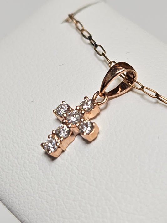 14K Rose Gold Cross Pendant 0.12ct Round Lab-Created Diamonds 0.3g