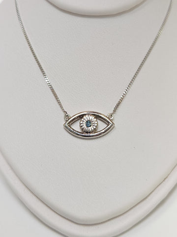 14K White Gold Diamond Cut Curb Chain Eye Pendant Necklace Treated blue Diamond