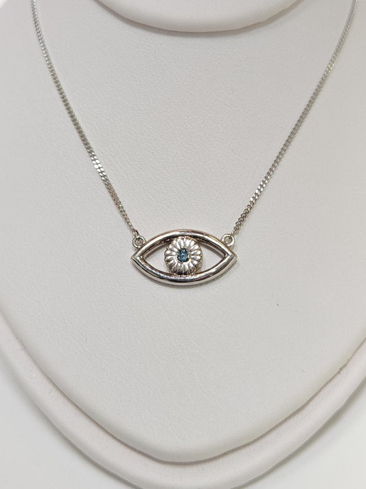 14K White Gold Diamond Cut Curb Chain Eye Pendant Necklace Treated blue Diamond